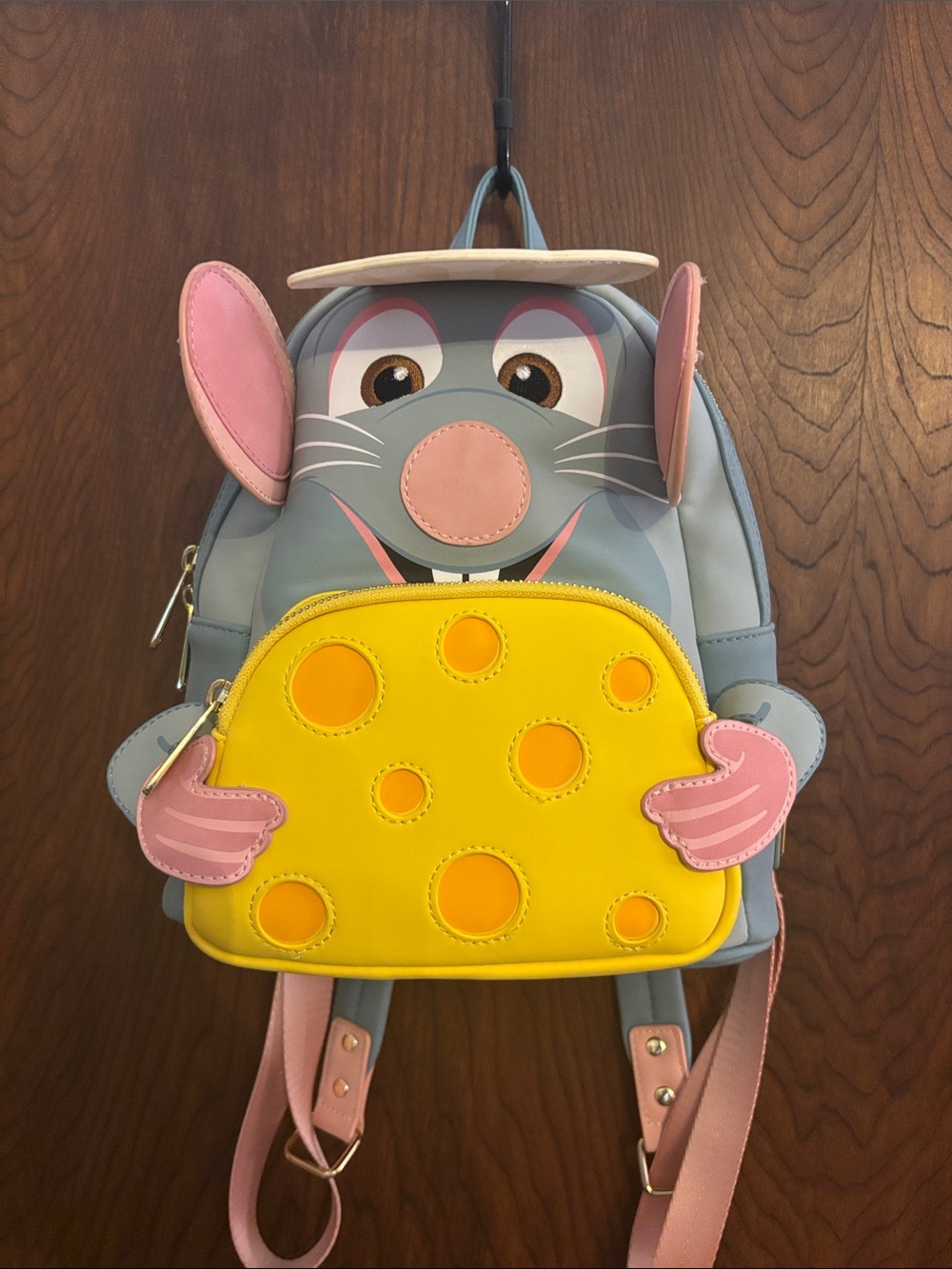 Loungefly Gray Mouse Backpack with Yellow Cheese Front and Pink Accents